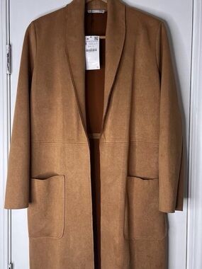 Zara Tan Open-Front Ultra Suede Women’s Long Trench/Over Coat